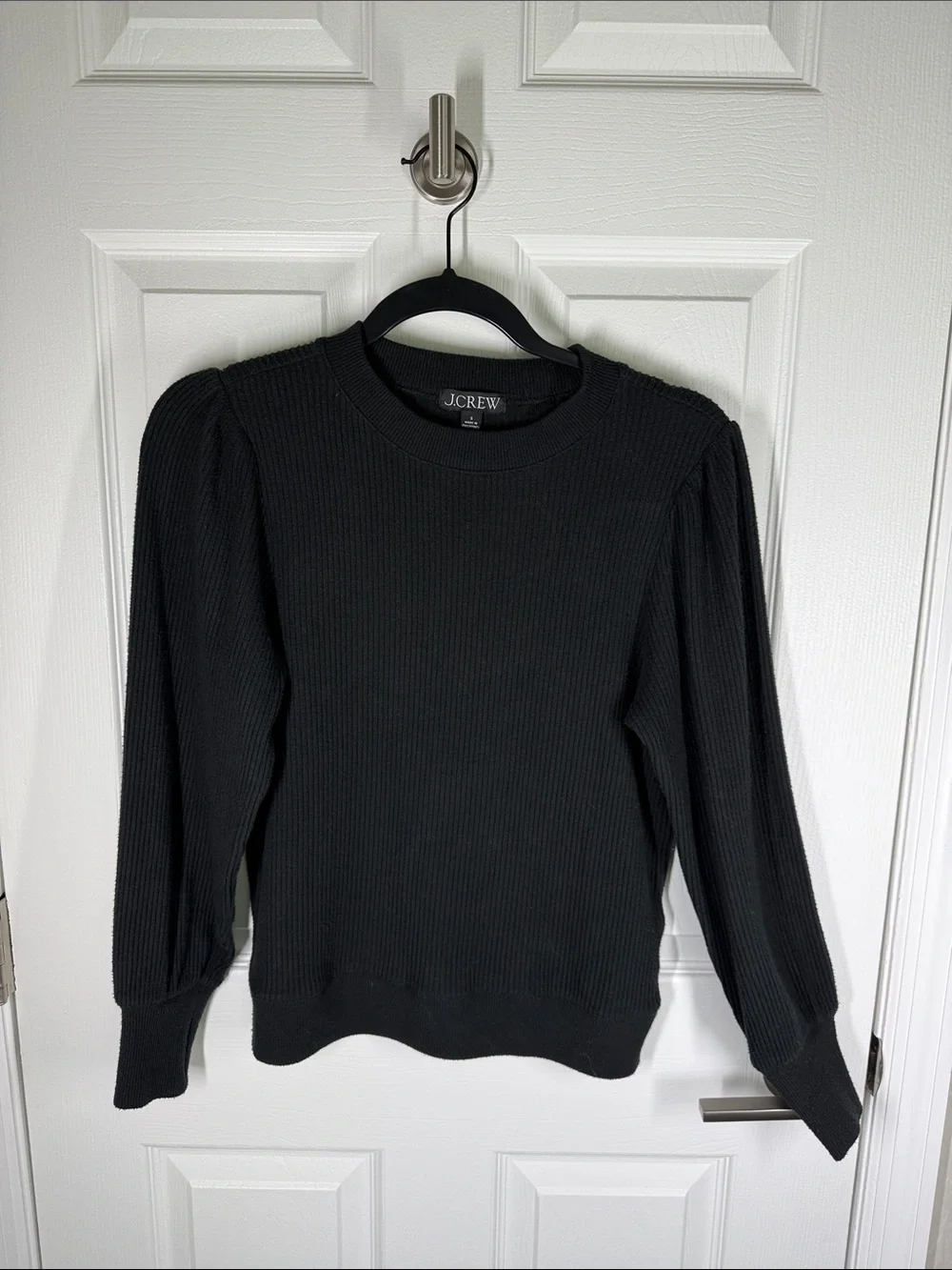 J Crew black ribbed knit long puff sleeve crewneck jersey top size small